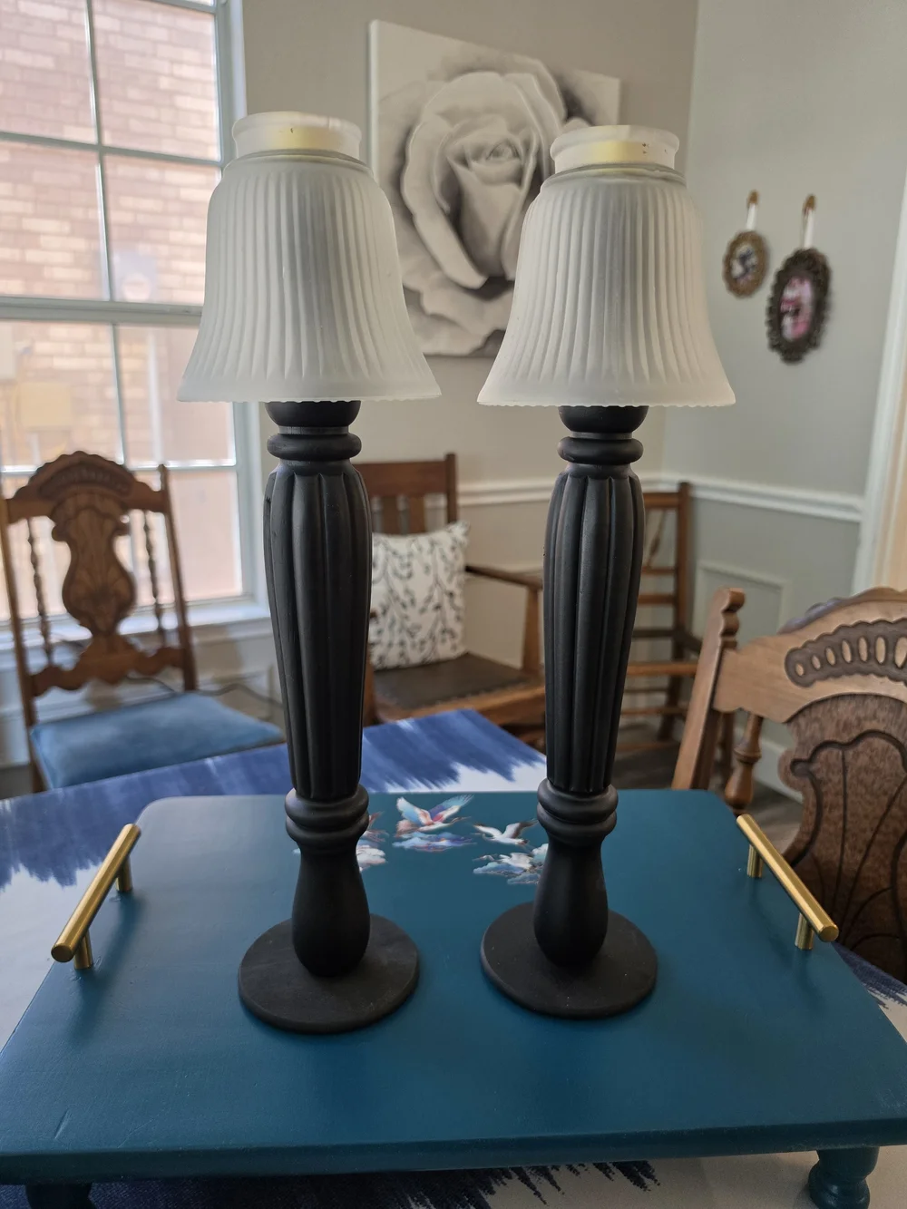 Pair Tall Black Wood Candlestick Holders White Ribbed Glass Hurricane Shades